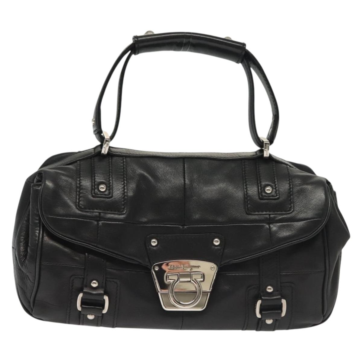 Salvatore Ferragamo Gancini Hand Bag Leather Black Silver Auth 138873