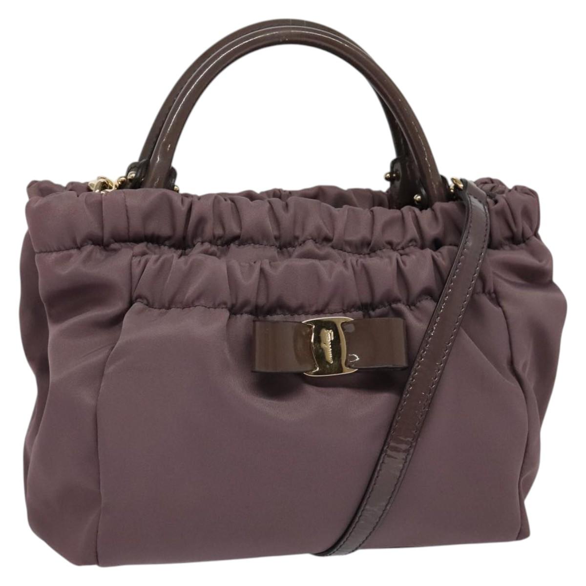 Salvatore Ferragamo Vala Hand Bag Nylon Enamel 2way Purple Silver Auth 138874