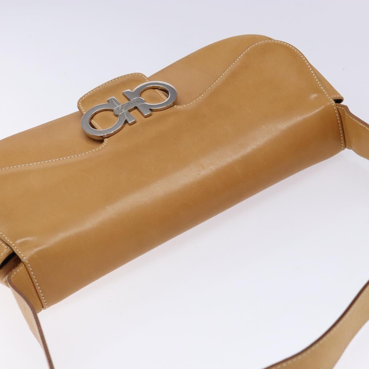 Salvatore Ferragamo Gancini Shoulder Bag Leather Beige Silver Auth 138875