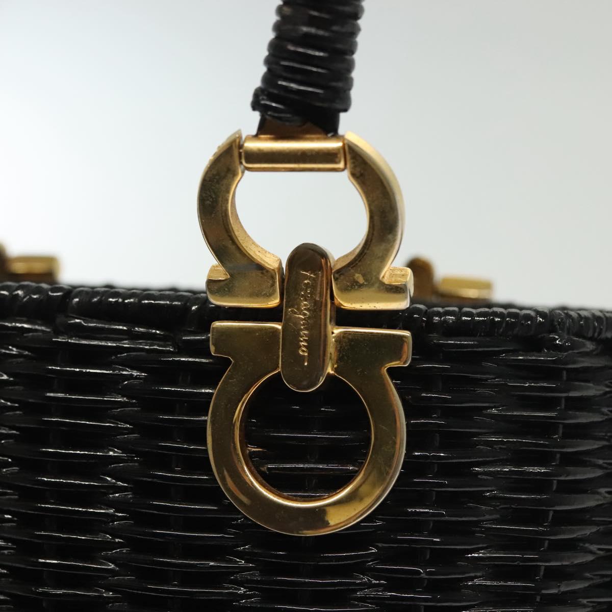Salvatore Ferragamo Gancini Hand Bag Rattan Black Gold Auth 138876V