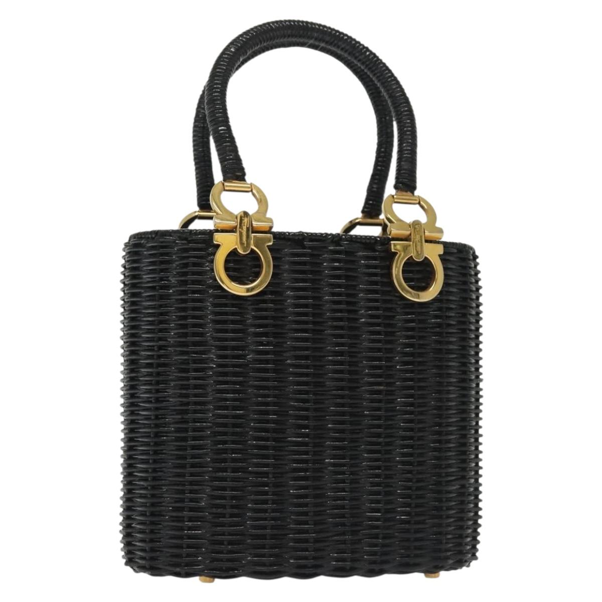 Salvatore Ferragamo Gancini Hand Bag Rattan Black Gold Auth 138876V