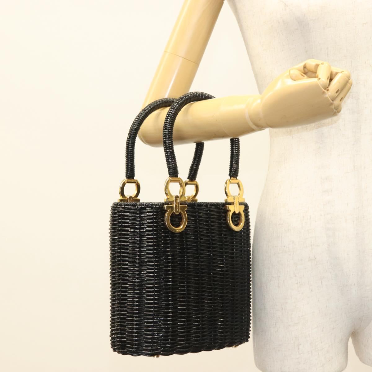 Salvatore Ferragamo Gancini Hand Bag Rattan Black Gold Auth 138876A