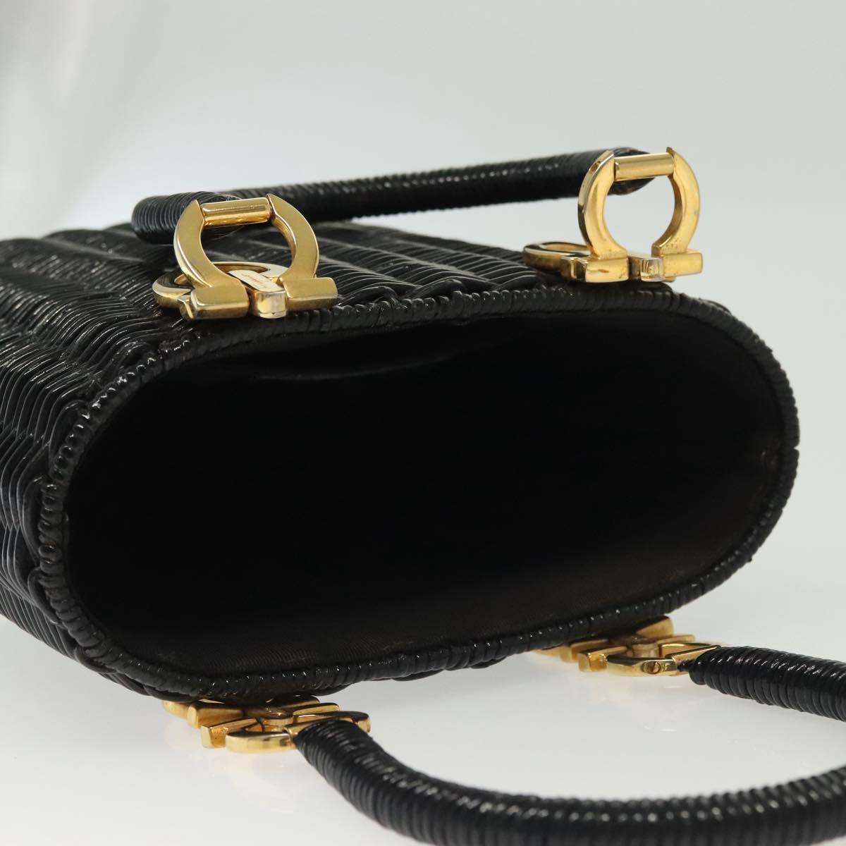 Salvatore Ferragamo Gancini Hand Bag Rattan Black Gold Auth 138876V