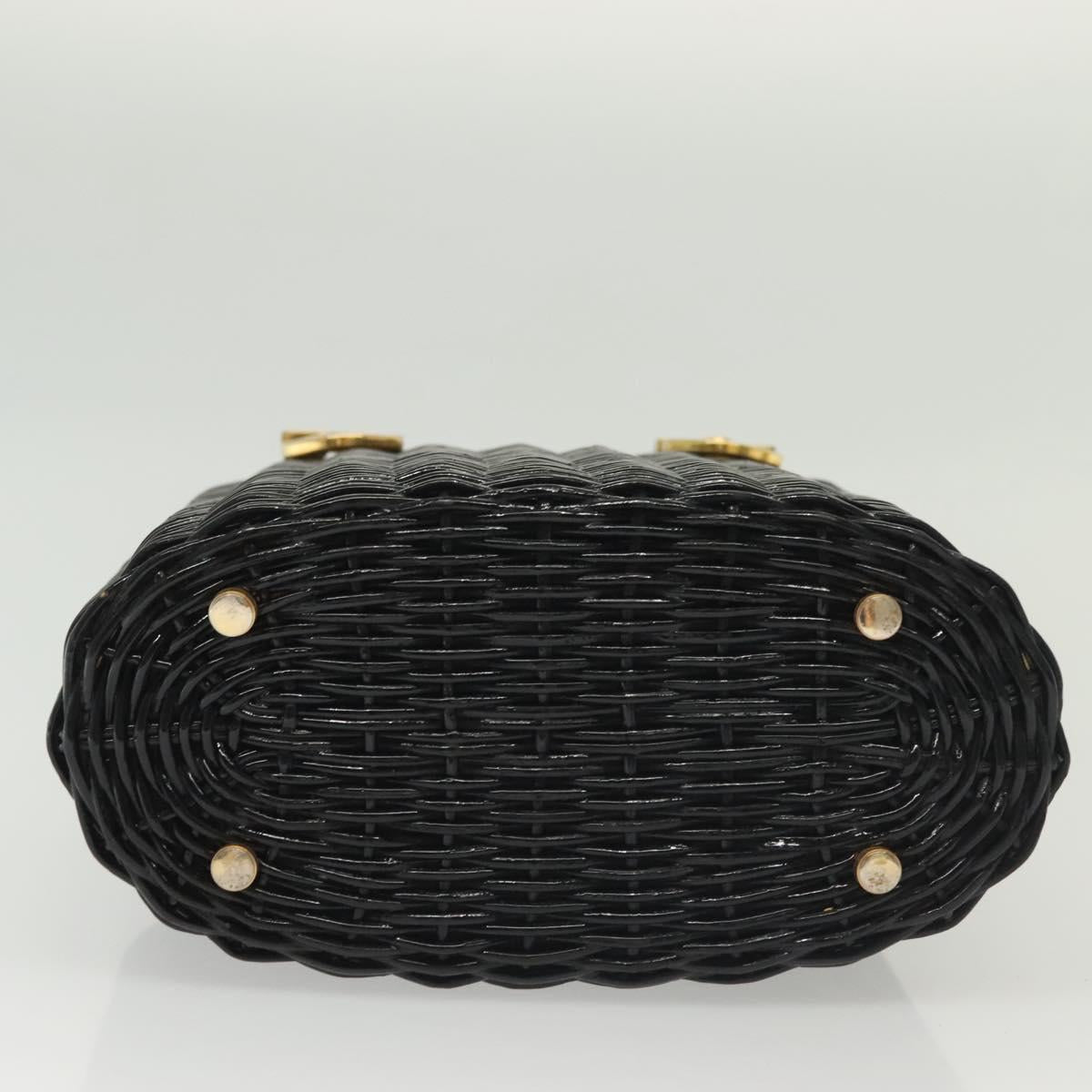 Salvatore Ferragamo Gancini Hand Bag Rattan Black Gold Auth 138876A
