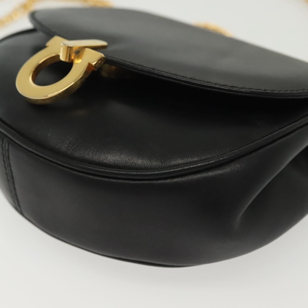Salvatore Ferragamo Gancini Chain Shoulder Bag Leather Black Gold Auth 138877