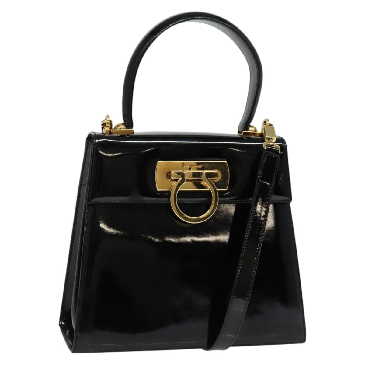 Salvatore Ferragamo Gancini Hand Bag Enamel 2way Black Gold Auth 138879