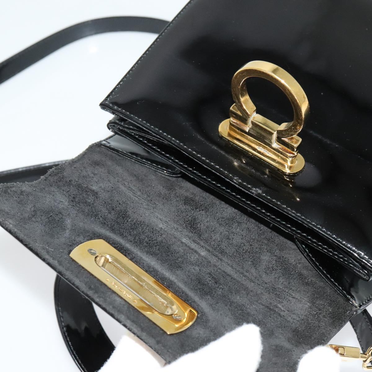 Salvatore Ferragamo Gancini Hand Bag Enamel 2way Black Gold Auth 138879