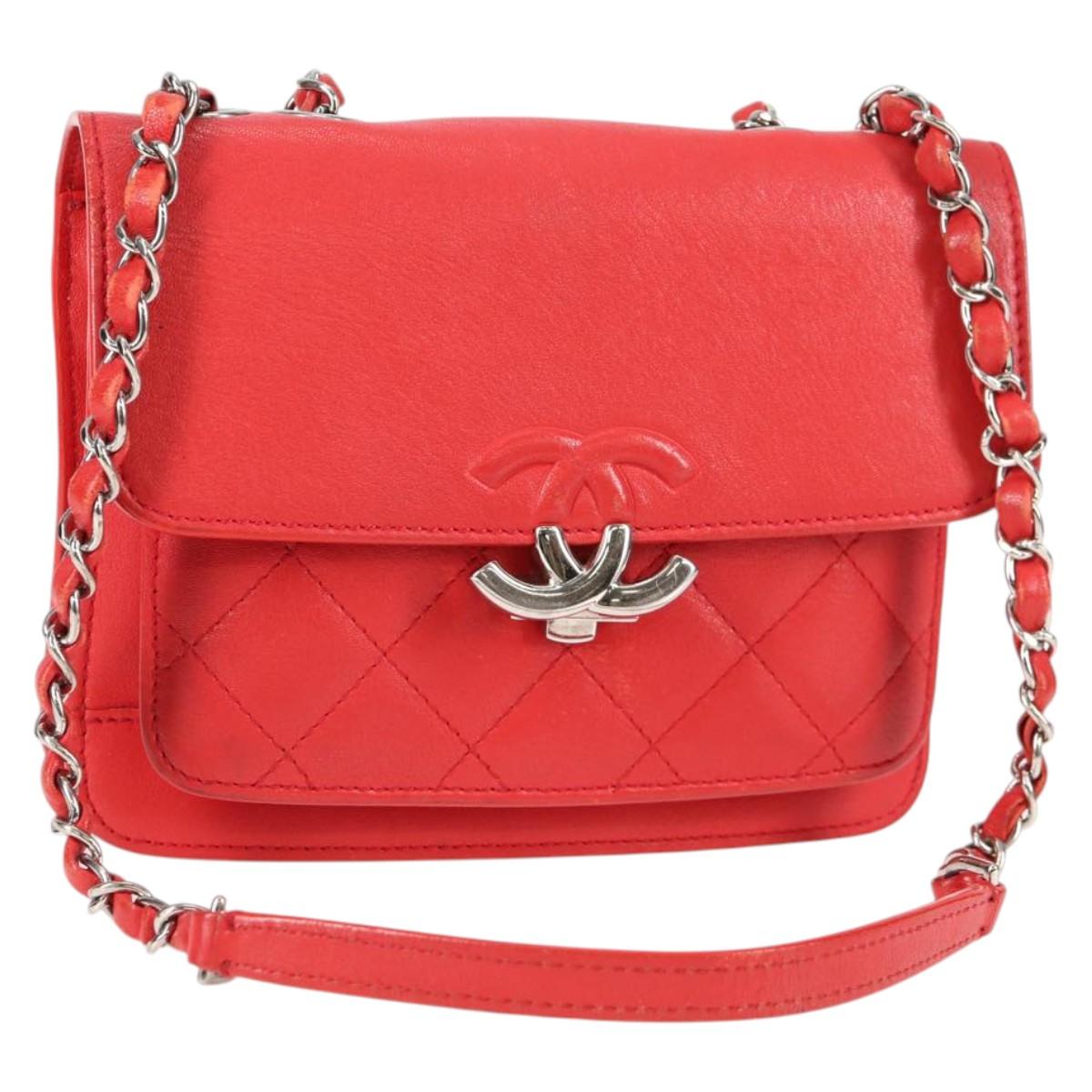 CHANEL Matelasse Chain Shoulder Bag Leather Red Silver CC Auth 138980M