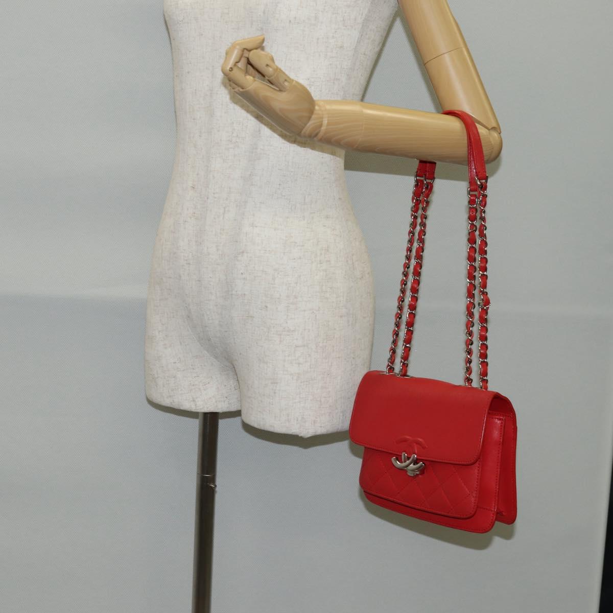 CHANEL Matelasse Chain Shoulder Bag Leather Red Silver CC Auth 138980M