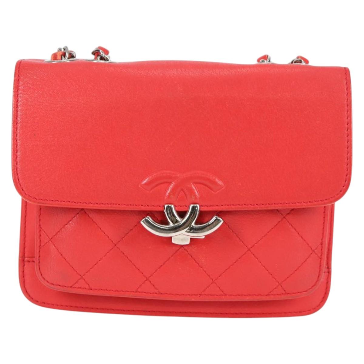 CHANEL Matelasse Chain Shoulder Bag Leather Red Silver CC Auth 138980M