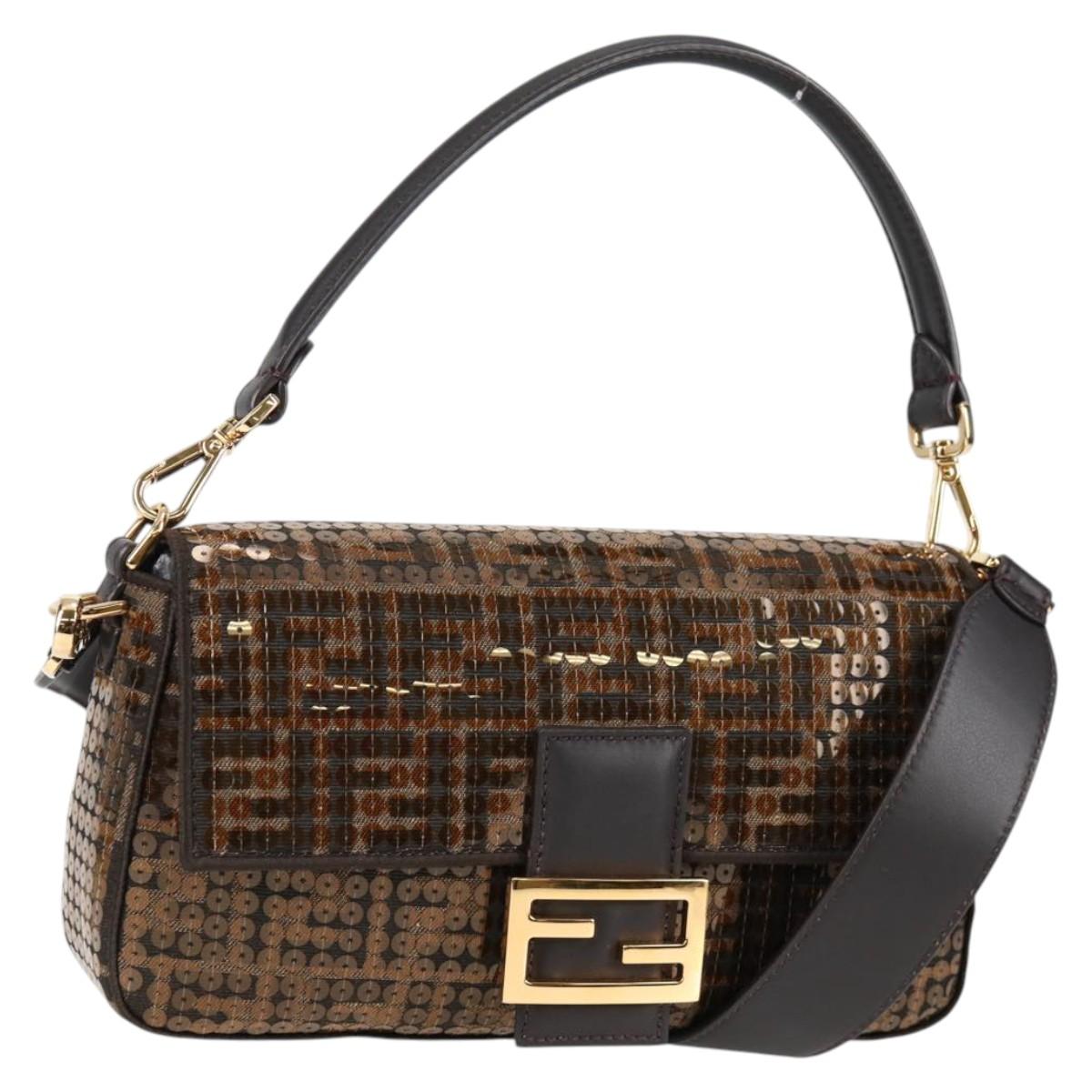 FENDI Zucca Canvas Mamma Baguette Bag Sequin 2way Brown Gold Auth 138993A