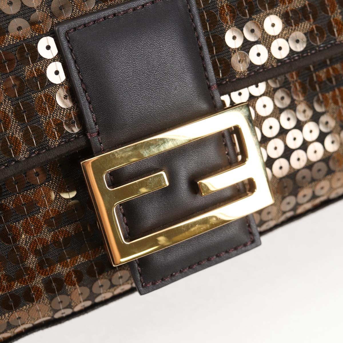 FENDI Zucca Canvas Mamma Baguette Bag Sequin 2way Brown Gold Auth 138993A