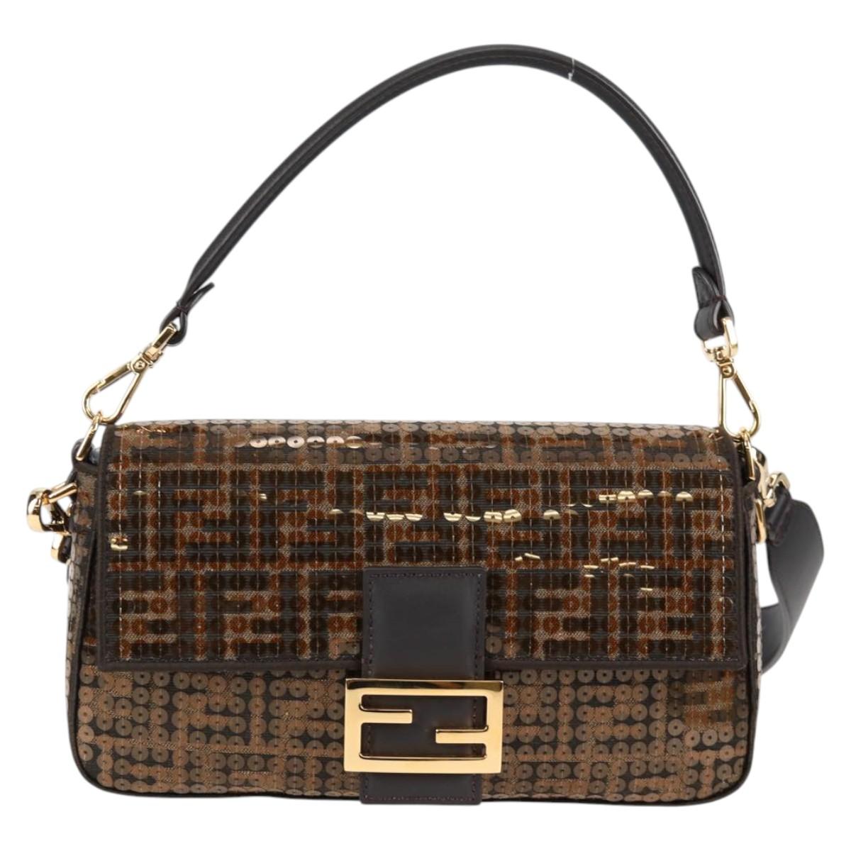 FENDI Zucca Canvas Mamma Baguette Bag Sequin 2way Brown Gold Auth 138993A