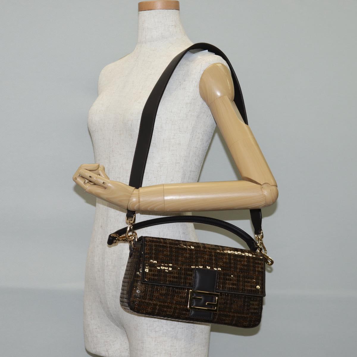FENDI Zucca Canvas Mamma Baguette Bag Sequin 2way Brown Gold Auth 138993A