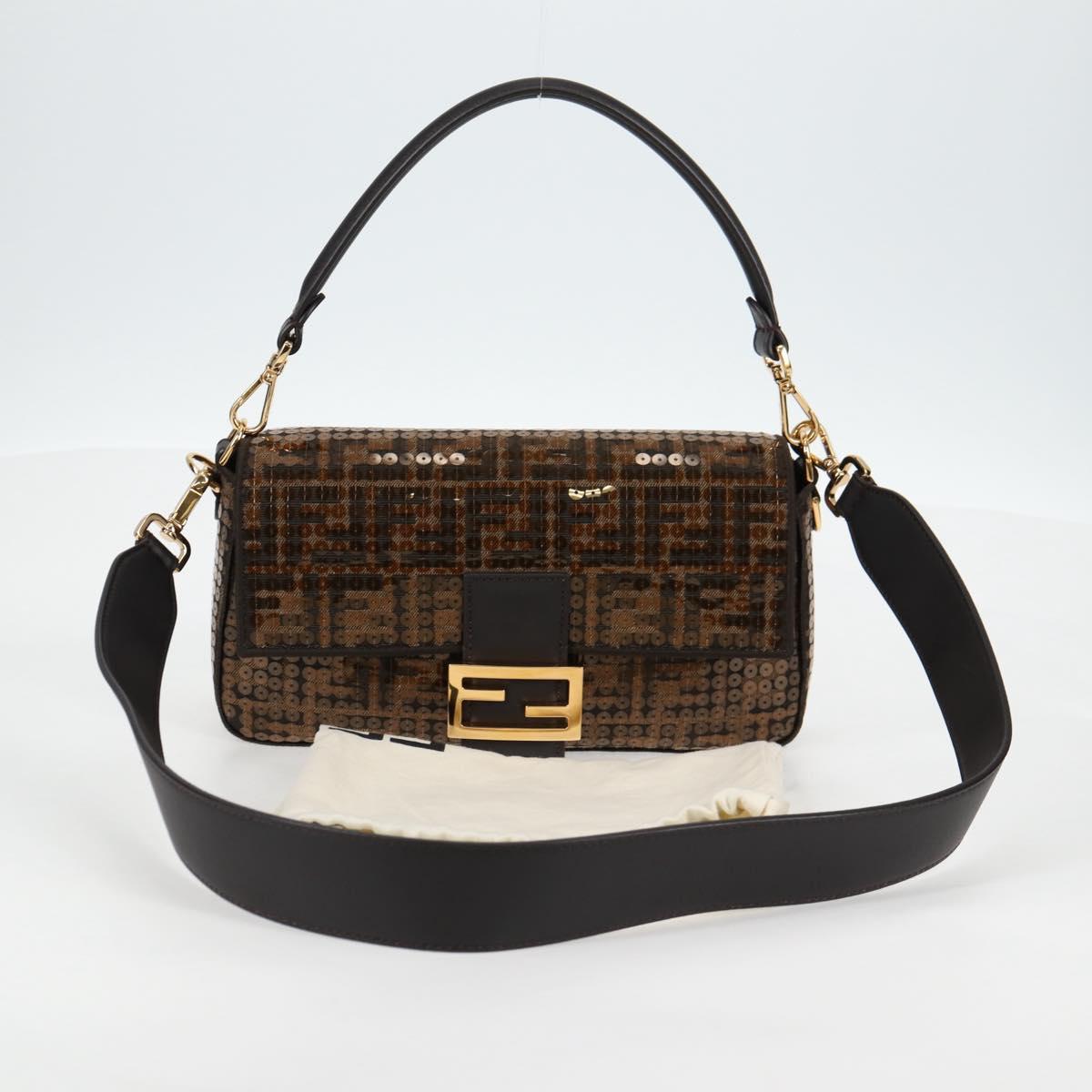 FENDI Zucca Canvas Mamma Baguette Bag Sequin 2way Brown Gold Auth 138993A