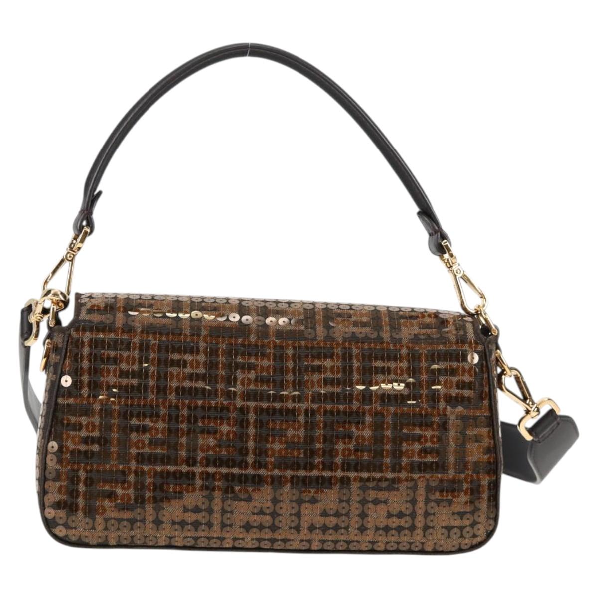 FENDI Zucca Canvas Mamma Baguette Bag Sequin 2way Brown Gold Auth 138993A