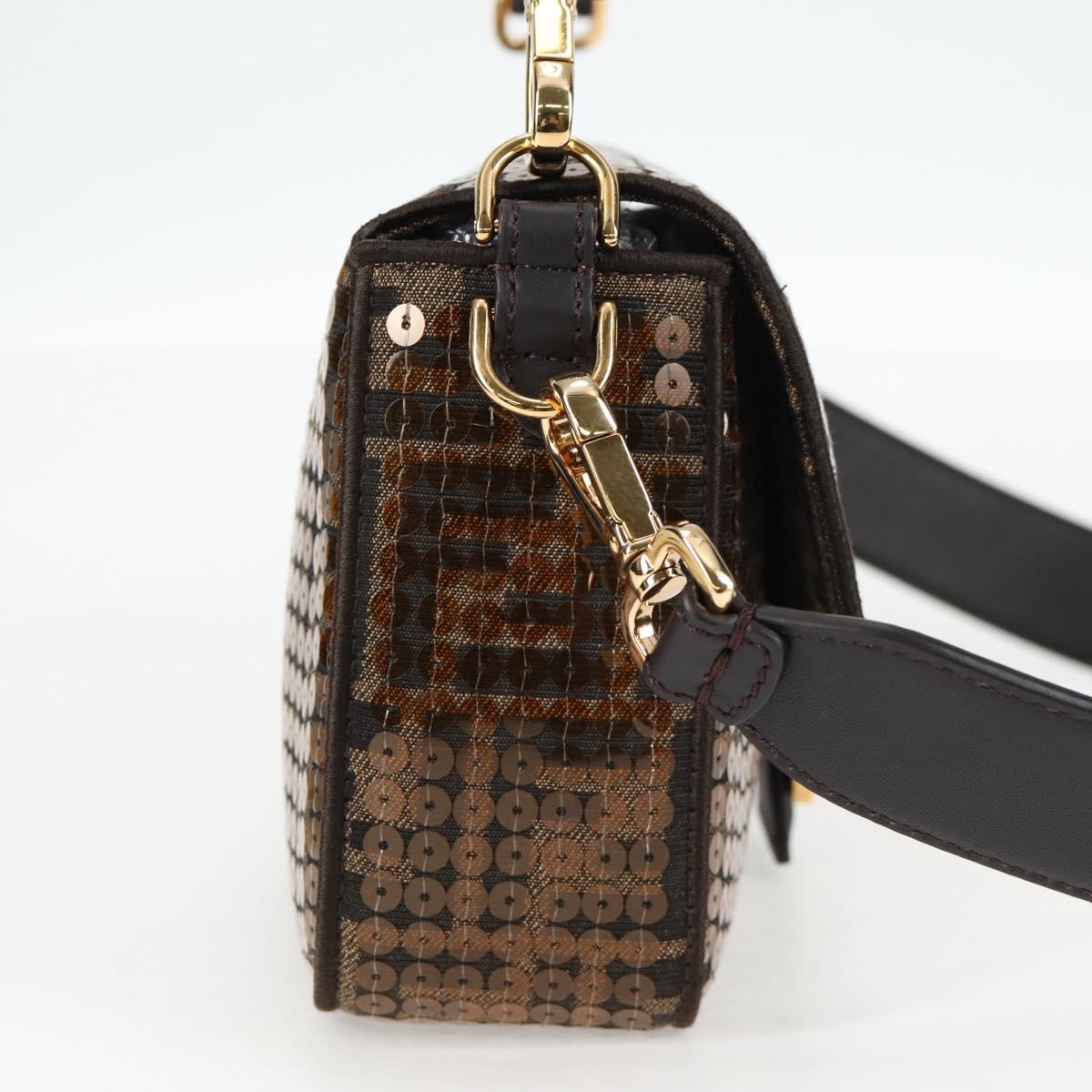 FENDI Zucca Canvas Mamma Baguette Bag Sequin 2way Brown Gold Auth 138993A