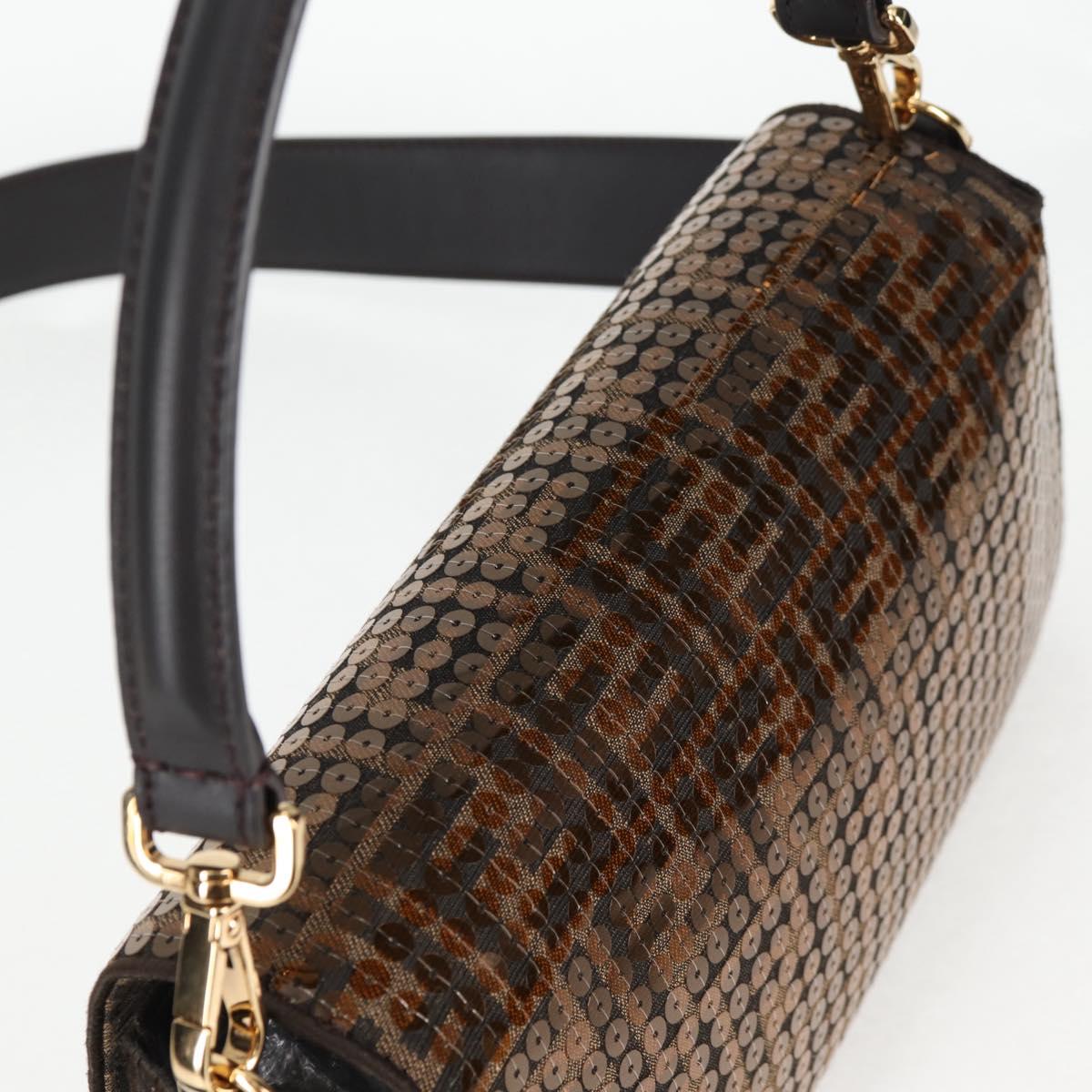 FENDI Zucca Canvas Mamma Baguette Bag Sequin 2way Brown Gold Auth 138993A