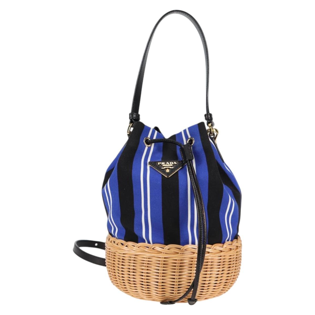 PRADA Rattan Hand Bag Canvas 2way Blue Gold 1BH115 Auth 138994A