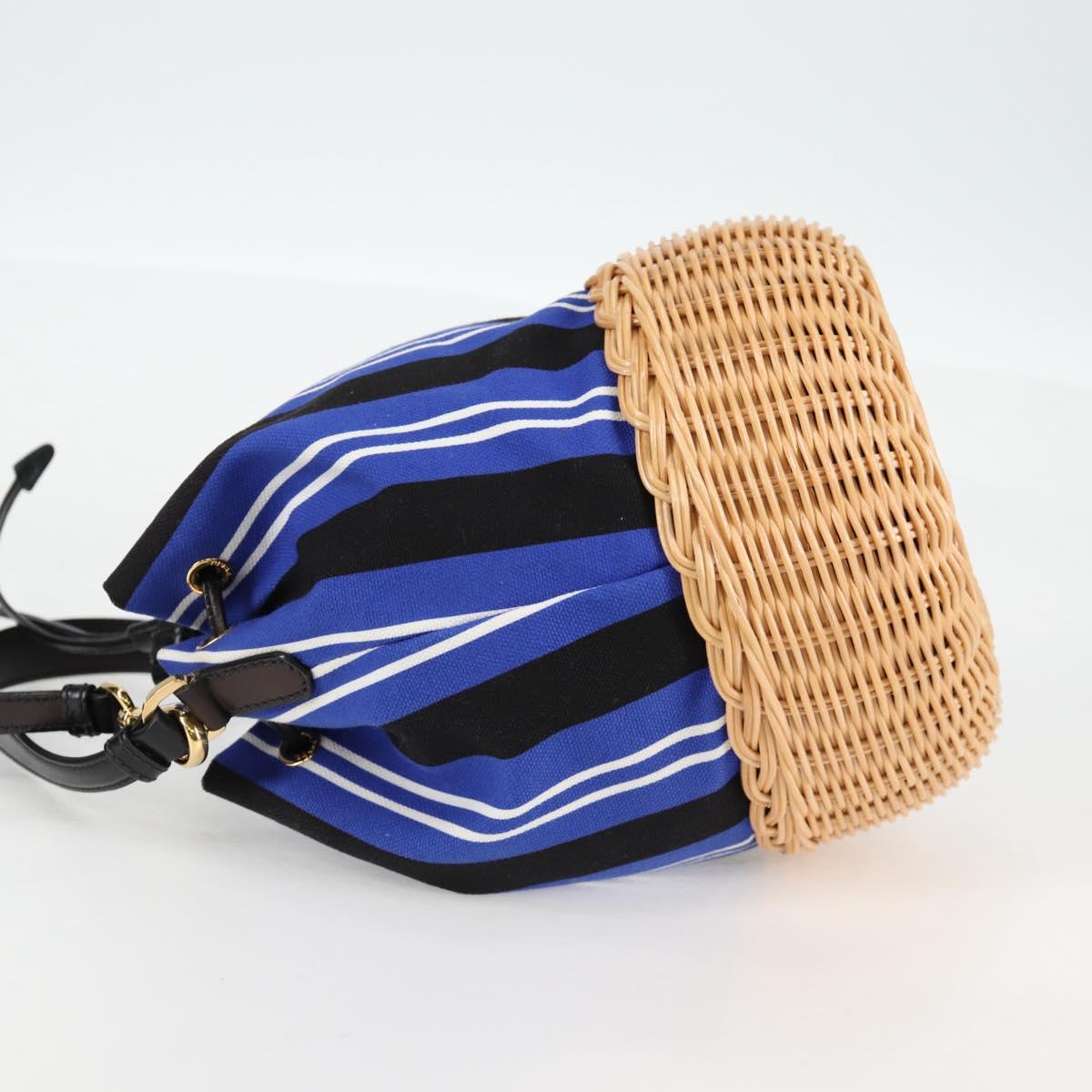 PRADA Rattan Hand Bag Canvas 2way Blue Gold 1BH115 Auth 138994SM
