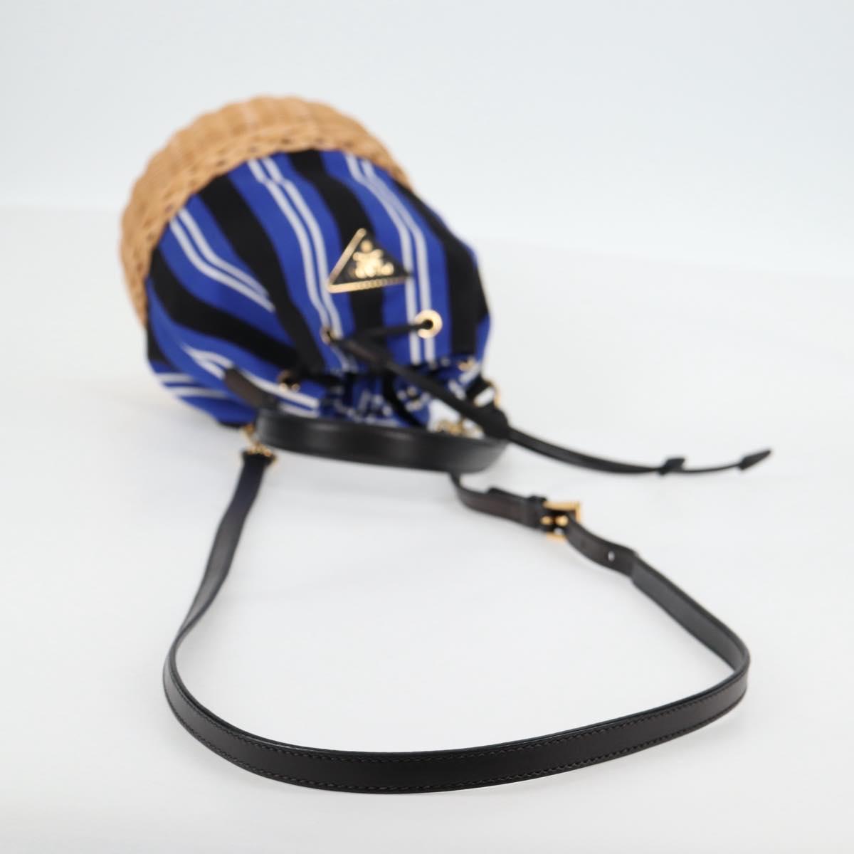 PRADA Rattan Hand Bag Canvas 2way Blue Gold 1BH115 Auth 138994A