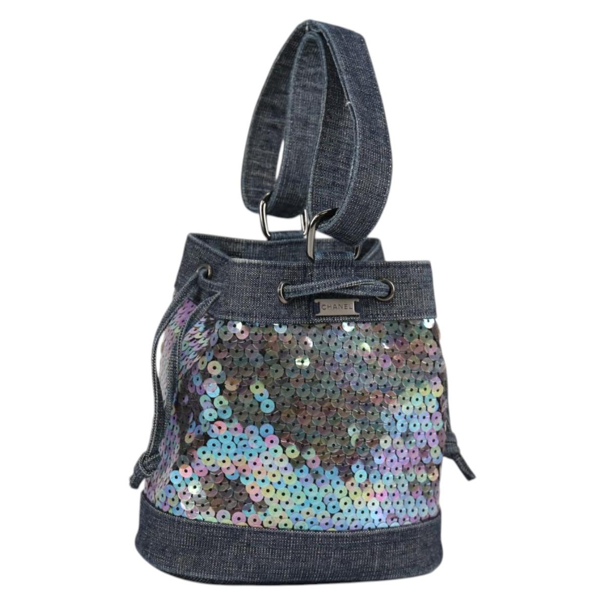 CHANEL Sequin Hand Bag Denim Blue CC Auth 139014V
