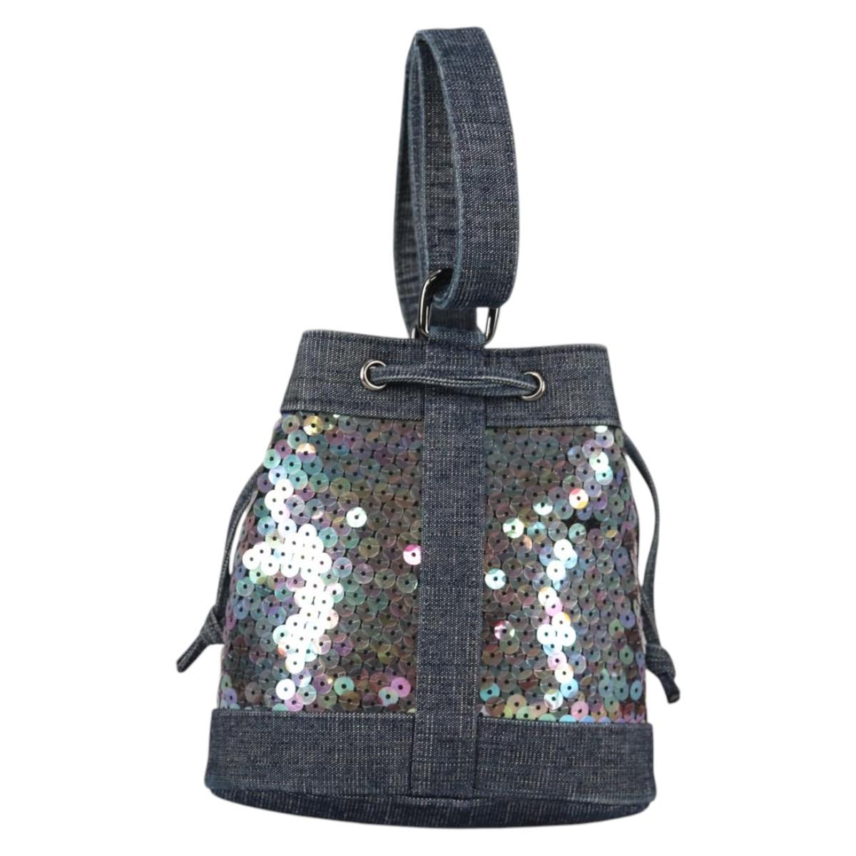 CHANEL Sequin Hand Bag Denim Blue CC Auth 139014SAV