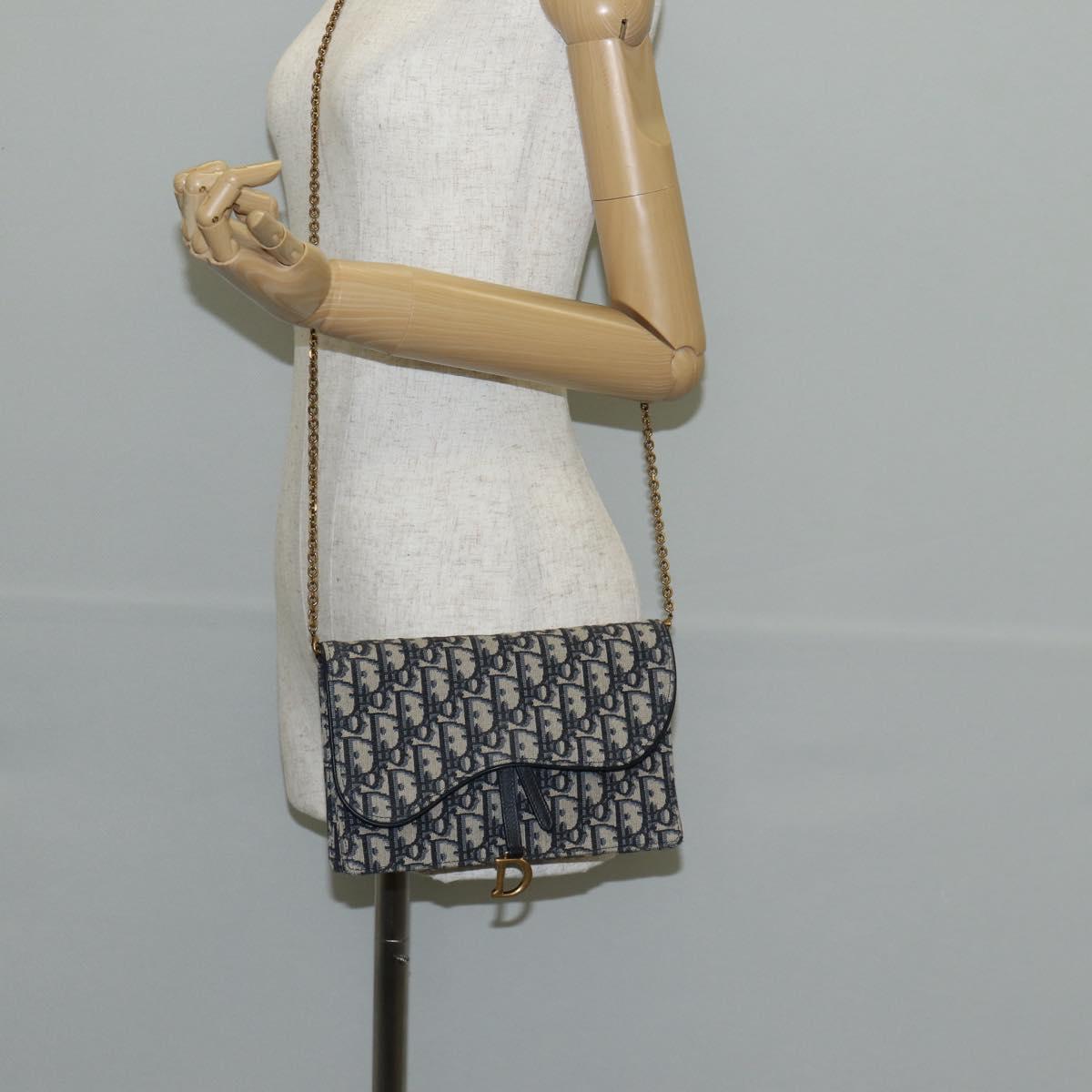 Christian Dior Oblique Trotter Canvas Chain Shoulder Bag Navy Gold Auth 139042M