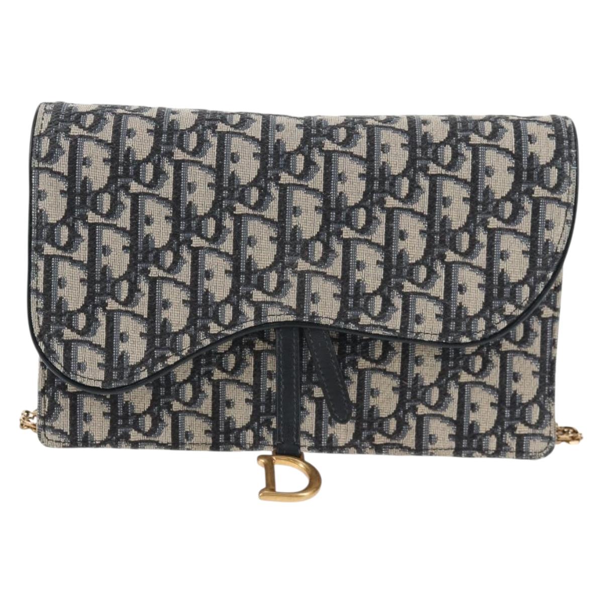 Christian Dior Oblique Trotter Canvas Chain Shoulder Bag Navy Gold Auth 139042M