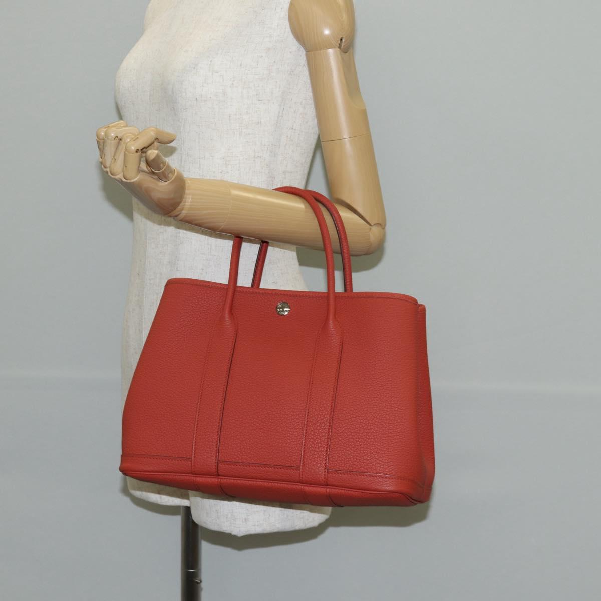 HERMES Garden Party TPM Hand Bag Leather Orange Silver Auth 139049M