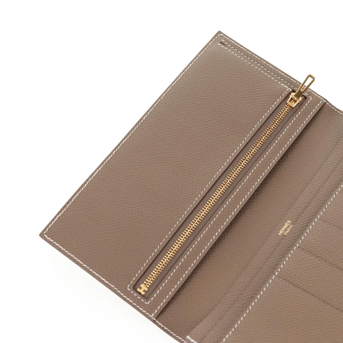 HERMES Beansufla Wallet Leather Beige Gold Auth 139050M
