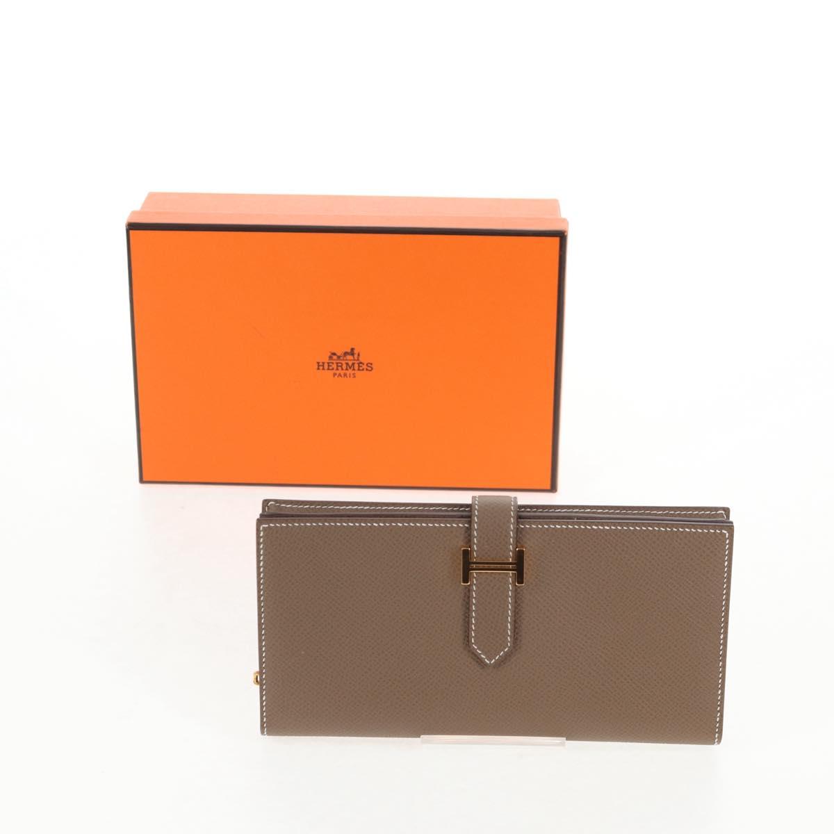 HERMES Beansufla Wallet Leather Beige Gold Auth 139050M