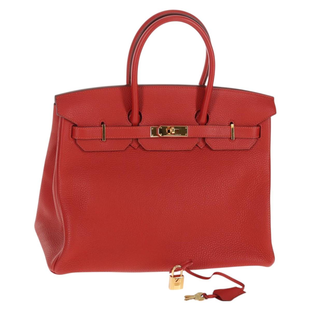 HERMES Birkin 35 Hand Bag Leather Red Gold Auth 139052M