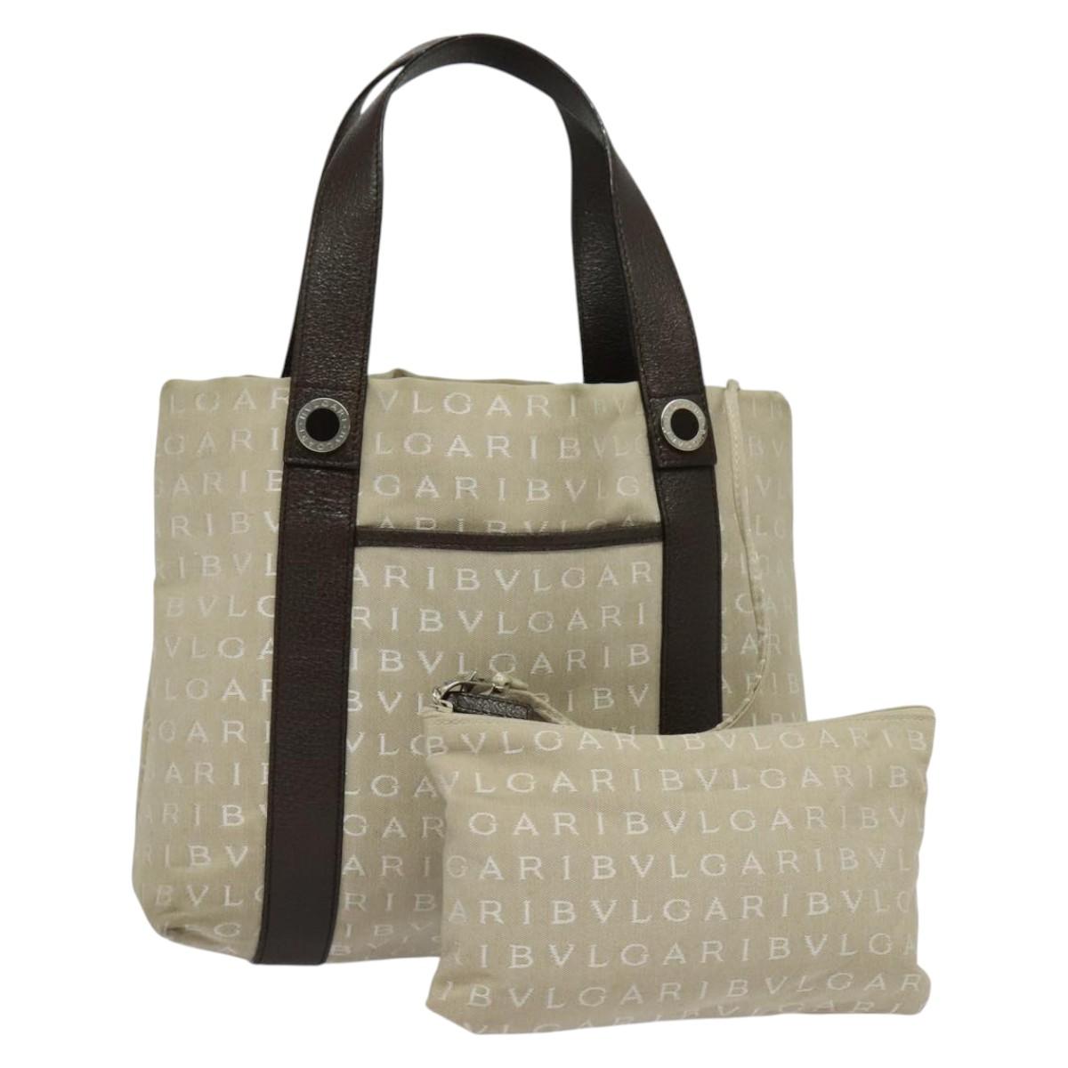 BVLGARI Logo Mania Tote Bag Canvas Beige Silver Auth 139062