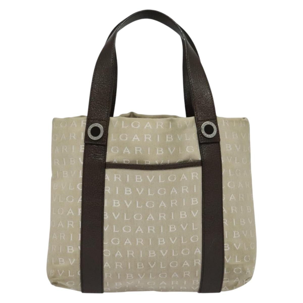 BVLGARI Logo Mania Tote Bag Canvas Beige Silver Auth 139062