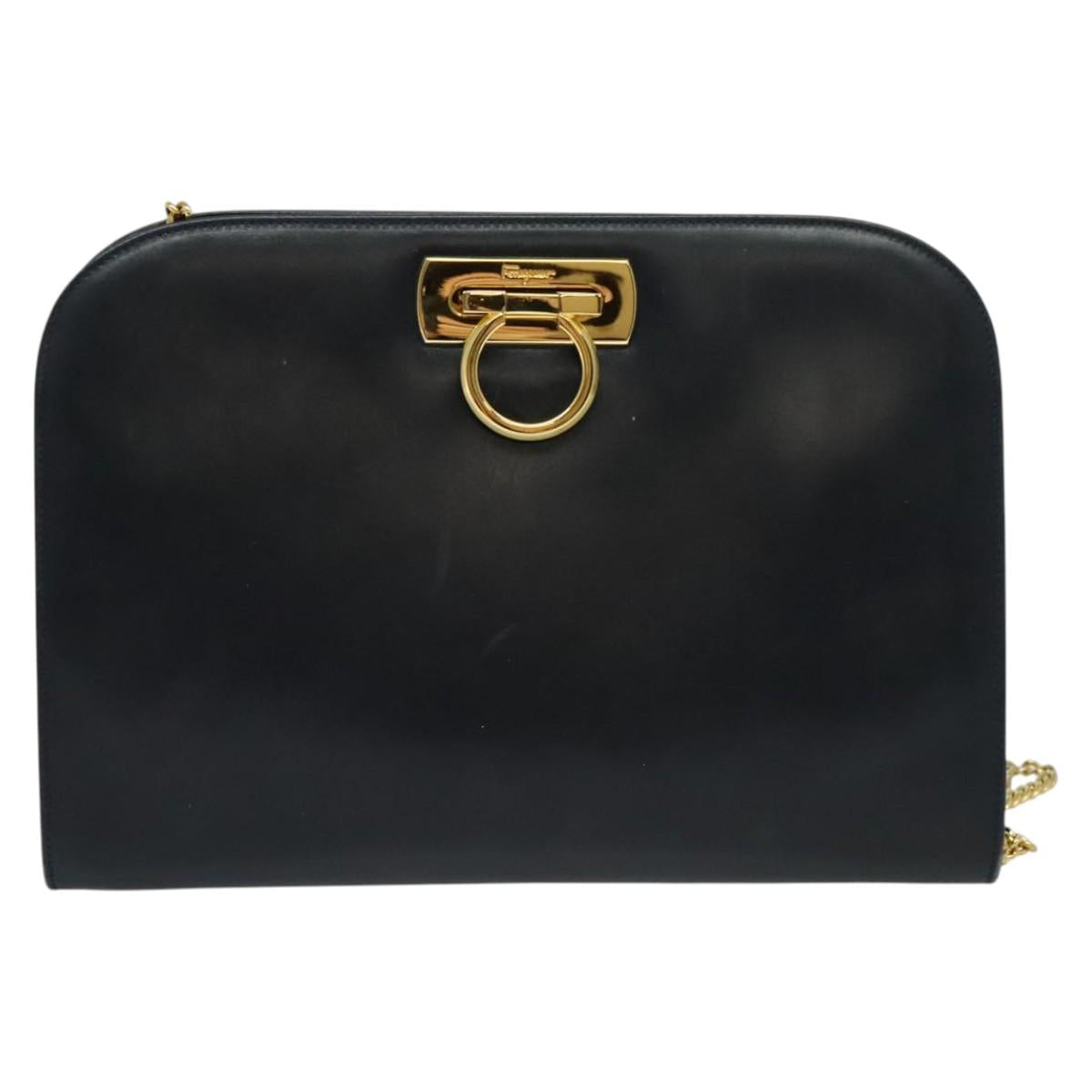 Salvatore Ferragamo Chain Shoulder Bag Leather Black Gold Auth 139064