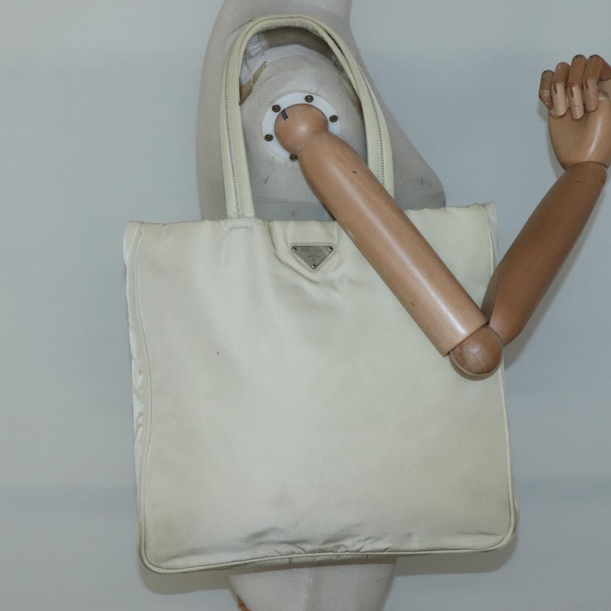 PRADA Tote Bag Nylon Beige Silver Auth 139071