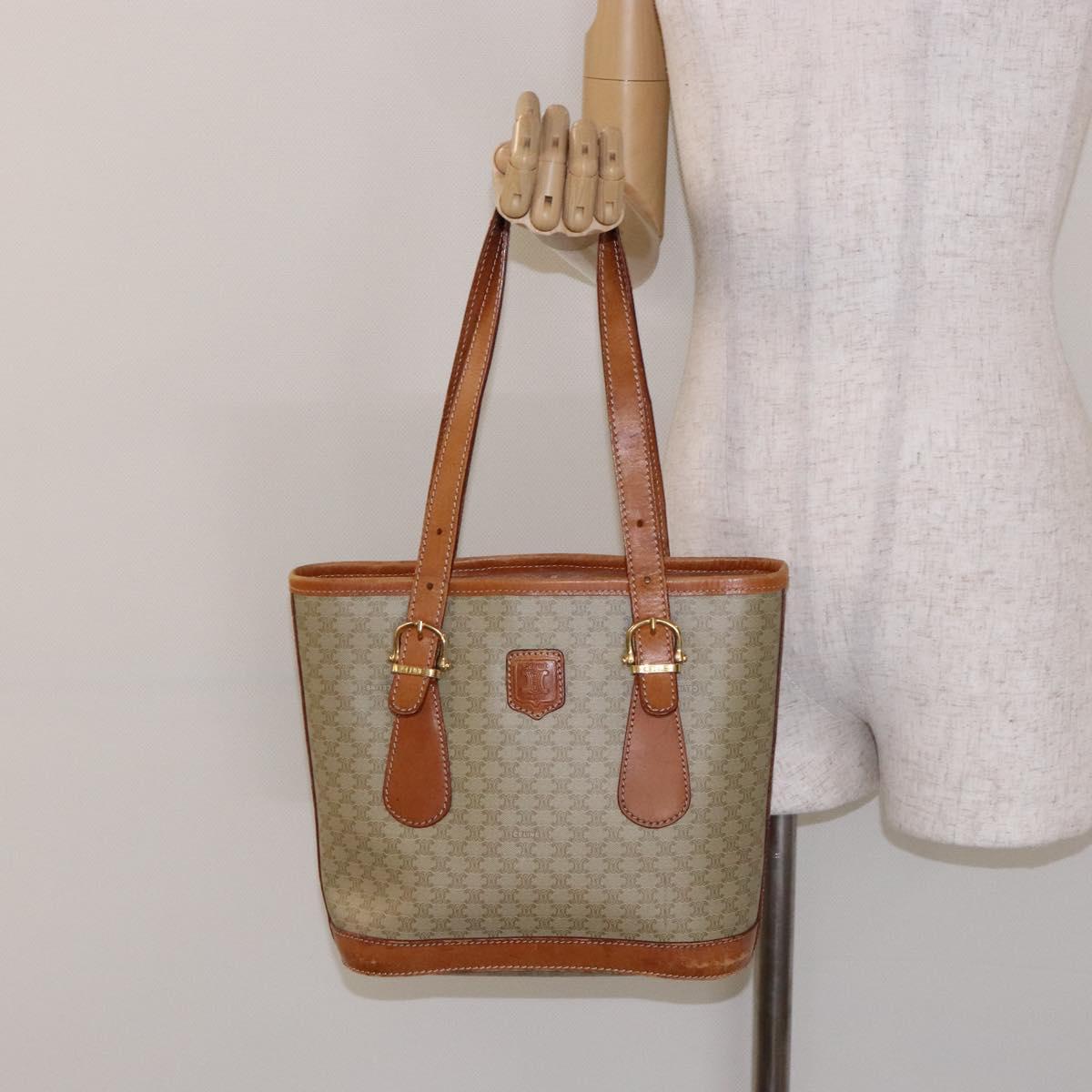 CELINE Macadam Canvas Tote Bag Beige Gold Auth 139102