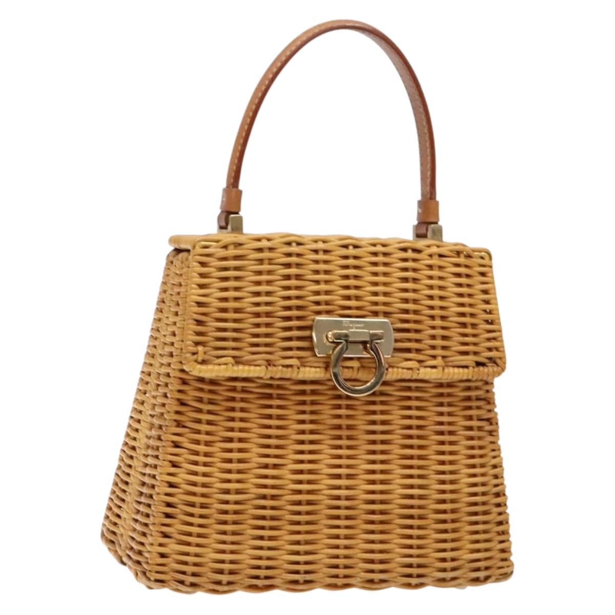Salvatore Ferragamo Gancini Hand Bag Wicker Beige Gold Auth 139130V