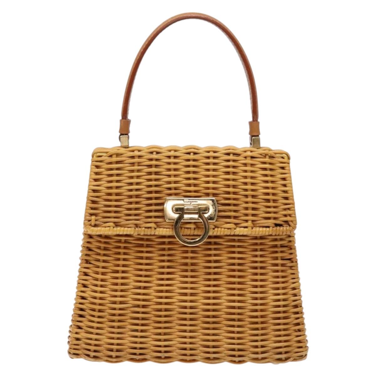 Salvatore Ferragamo Gancini Hand Bag Wicker Beige Gold Auth 139130V