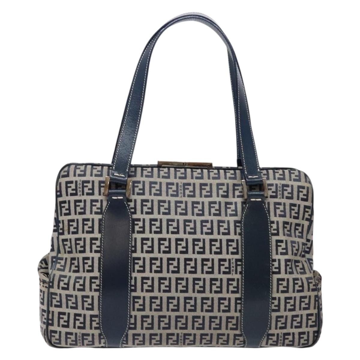 FENDI Zucchino Canvas Tote Bag Navy Silver Auth 139133