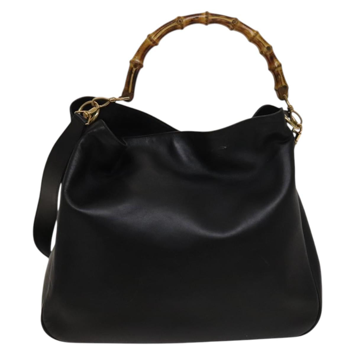 GUCCI Bamboo Shoulder Bag Leather 2way Black Gold 001 1998 1577 Auth 139142