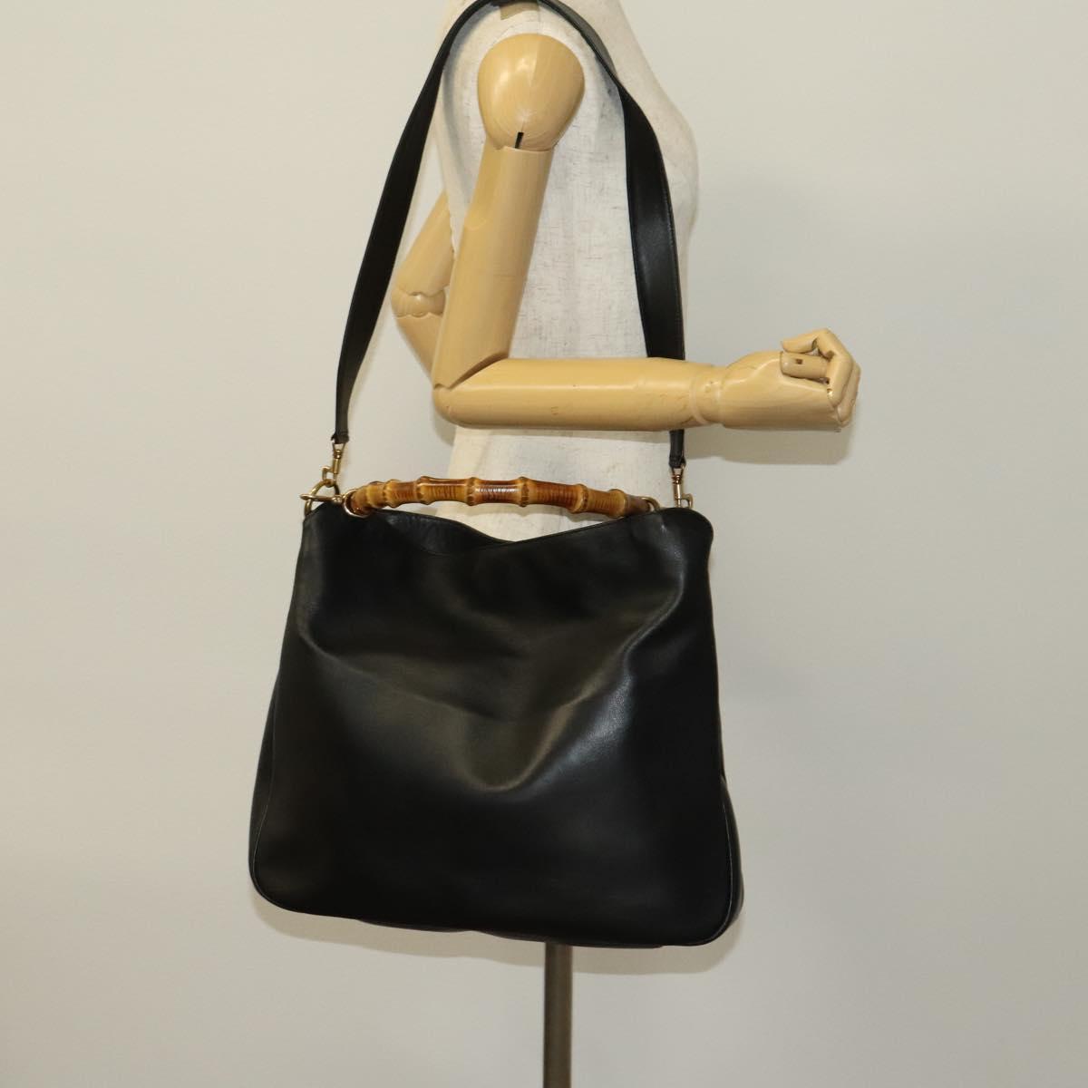 GUCCI Bamboo Shoulder Bag Leather 2way Black Gold 001 1998 1577 Auth 139142