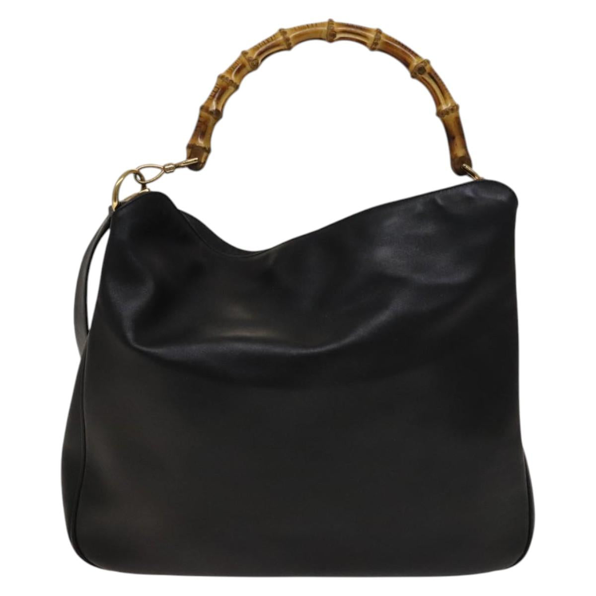 GUCCI Bamboo Shoulder Bag Leather 2way Black Gold 001 1998 1577 Auth 139142