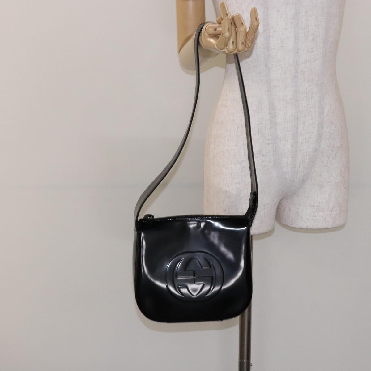 GUCCI Interlocking Shoulder Bag Enamel Black Silver 007 2113 0250 Auth 139156
