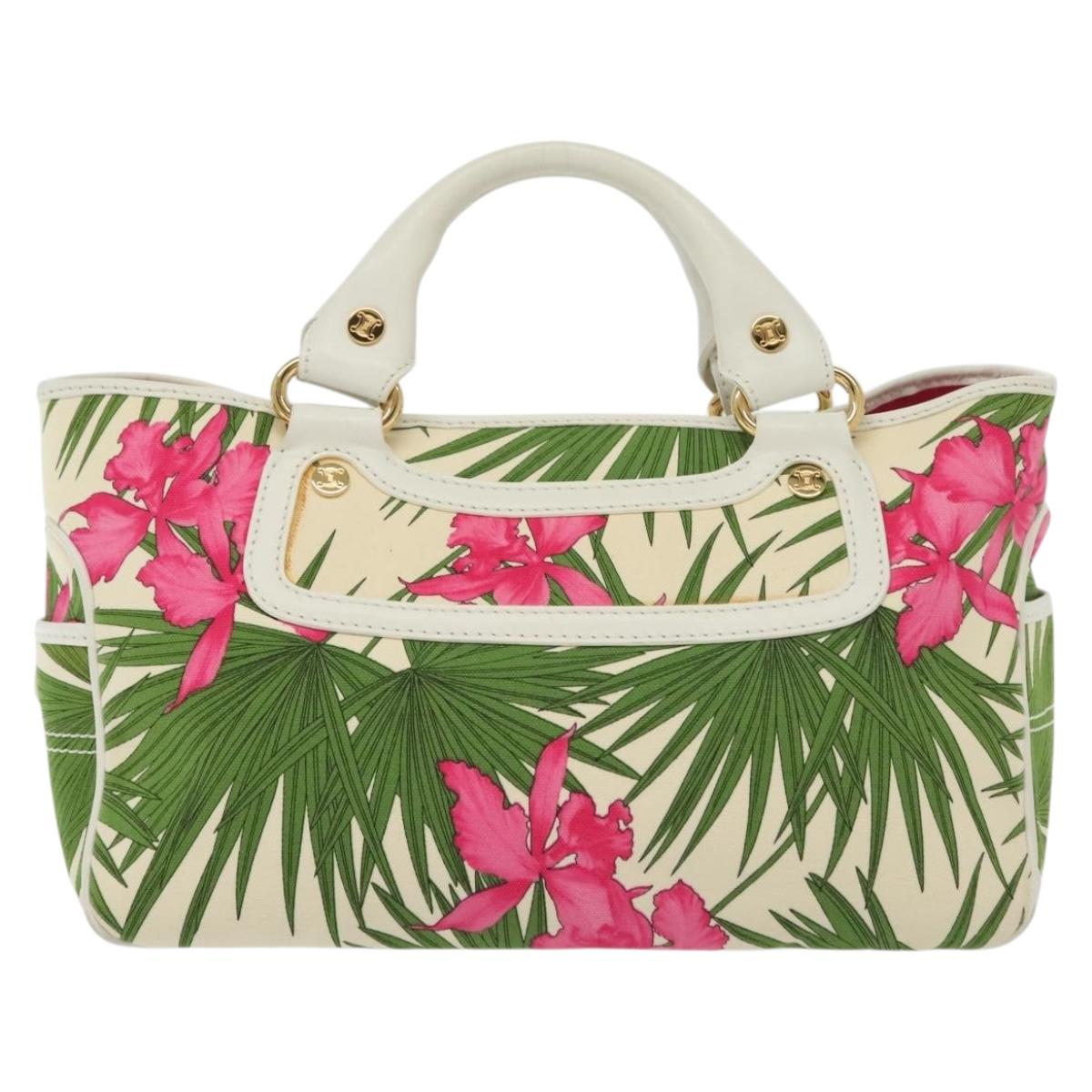 CELINE Hand Bag Canvas White Gold Auth 139166