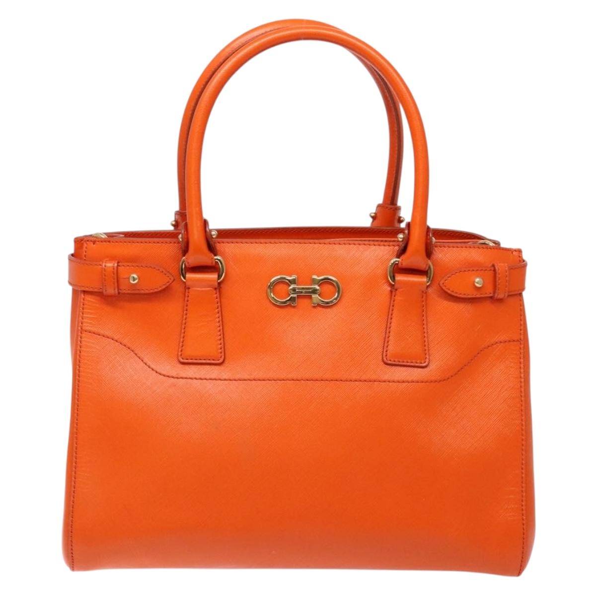 Salvatore Ferragamo Gancini Hand Bag Leather Orange Gold Auth 139190