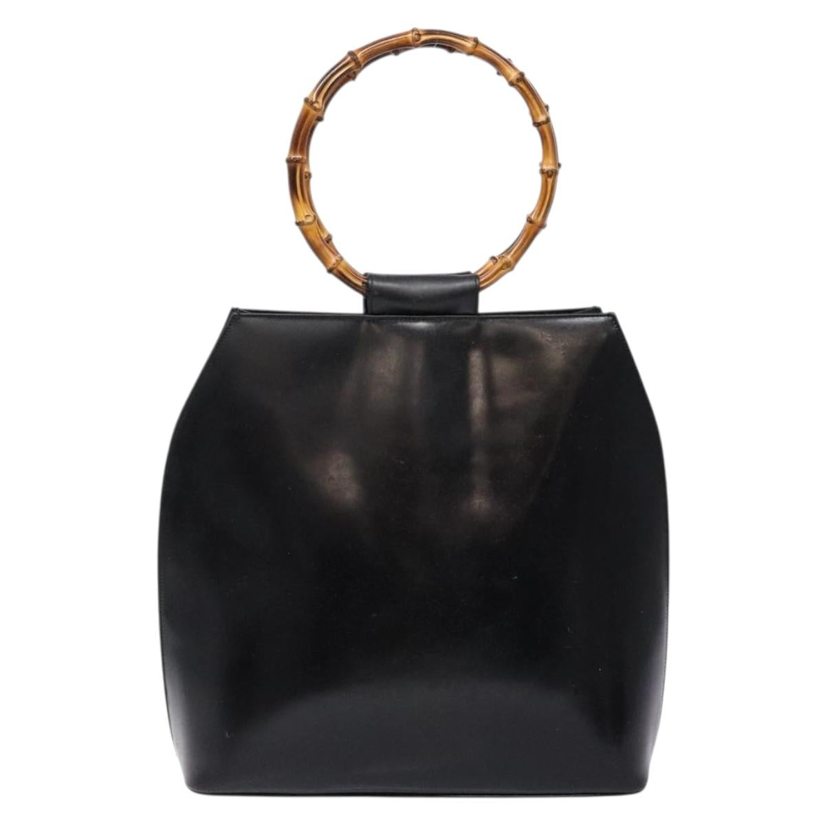 GUCCI Bamboo Hand Bag Leather Black Gold Auth 139214