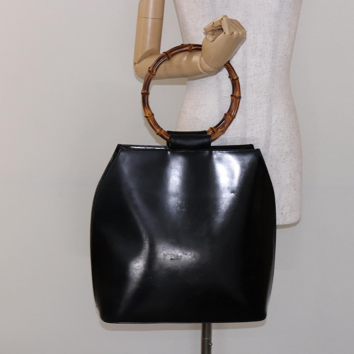 GUCCI Bamboo Hand Bag Leather Black Gold Auth 139214