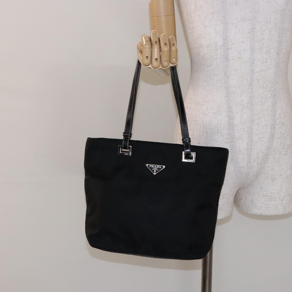 PRADA Tote Bag Nylon Black Silver Auth 139261